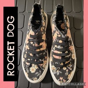 Rocket Dog Black Floral Slip-On Sneakers with Pink & Cream Blooms